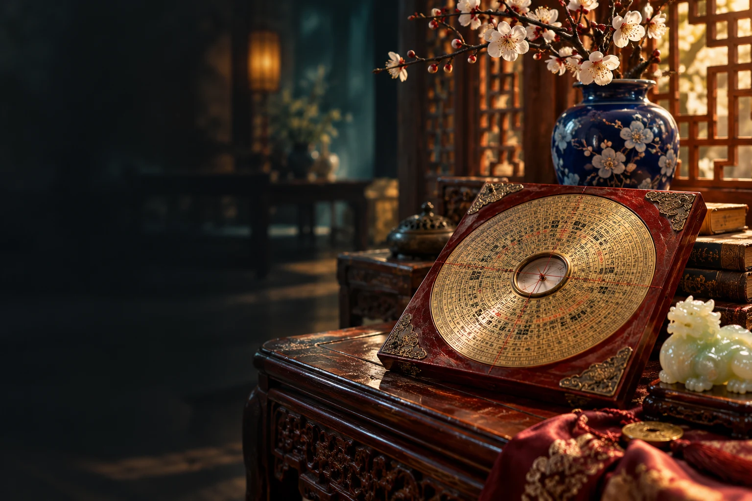 A traditional luopan compass beside porcelain, blossoms and carved wood; an illustrative scene